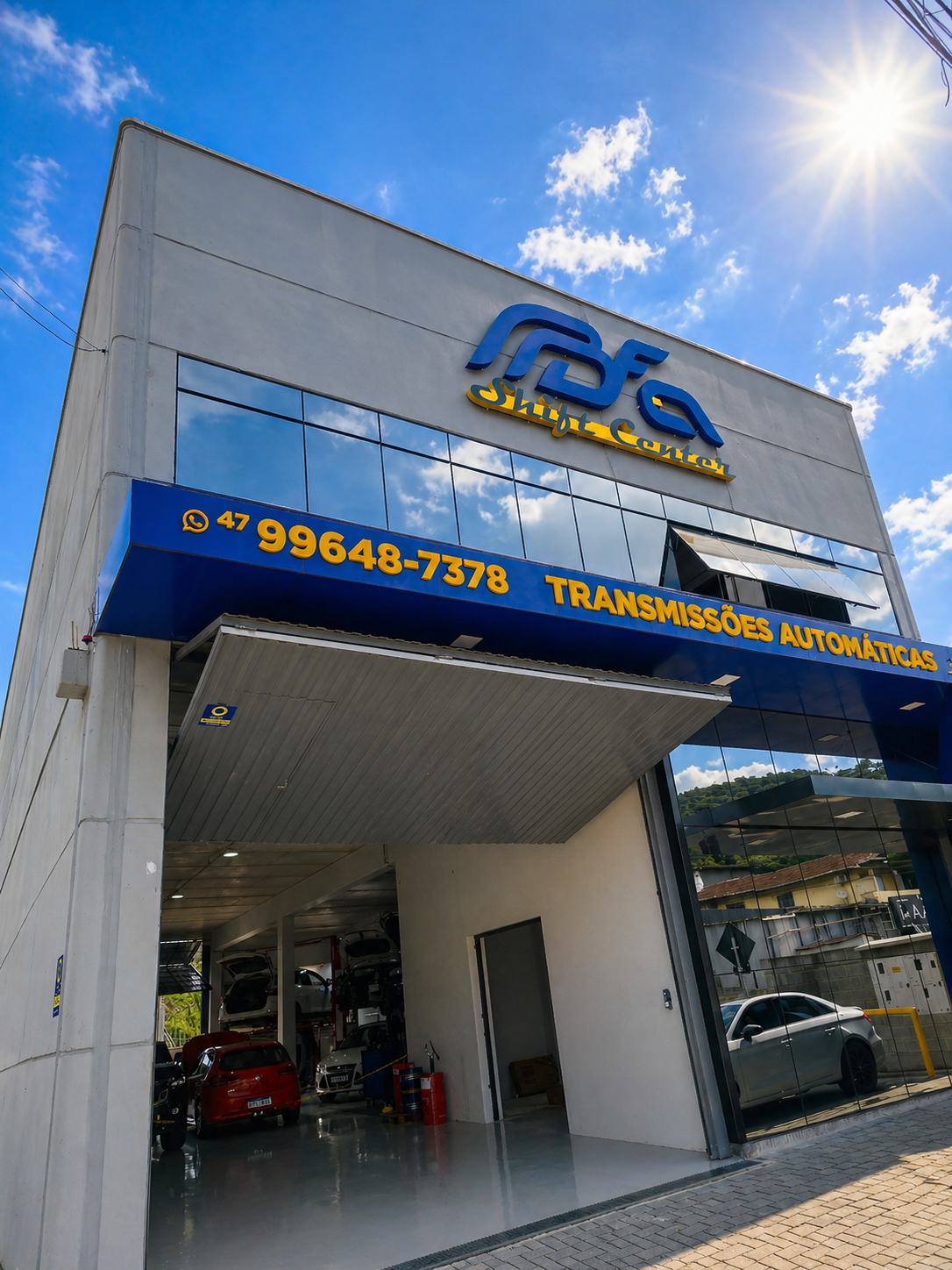 Fachada da BFA Shift Center, com o letreiro azul e amarelo e a entrada da oficina